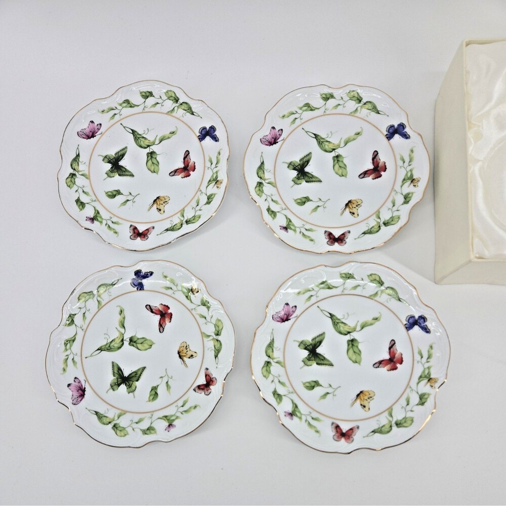 I Godinger &Co. Butterfly Garden 6" Canape/Dessert Plates Scallop Gold Trim Edge
